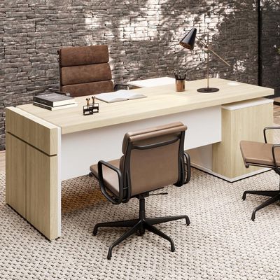 Mesa Escritório Em L Caixa Com Tomada Atria Executiva 200x183cm A02 Carvalho Branco - Lyam Decor
