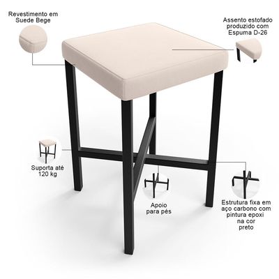 Kit 03 Banquetas Baixa Bar Cozinha Sala De Jantar Preto Stella L02 Suede Bege - Lyam Decor