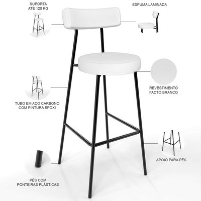 Kit 02 Banquetas Altas Bar Cozinha Sala De Jantar Estrutura Em Aço Milão L02 Facto Branco - Lyam Decor