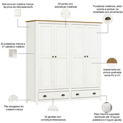 Guarda Roupa Casal 4 Portas 2 Gavetas Madeira Maciça Mazzaro F06 Branco Freijó - Lyam Decor