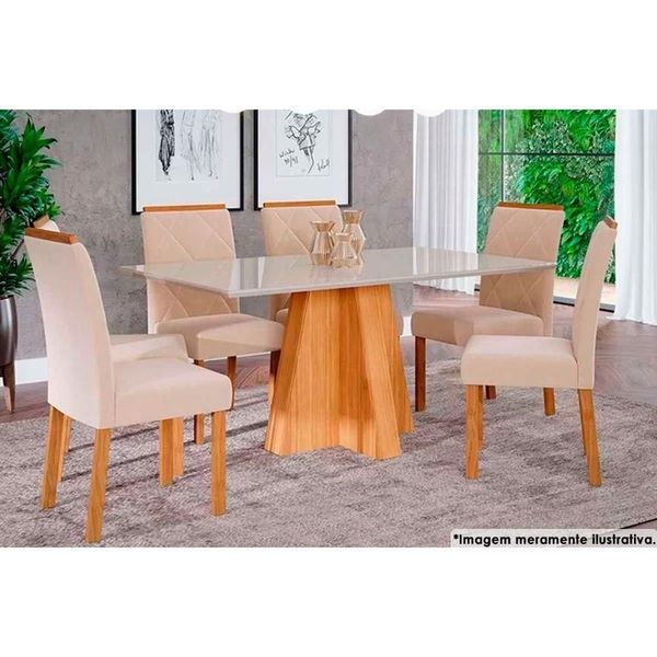 Sala De Jantar Completa Patricia C- Tampo Madeirado C- Vidro Canto Reto 160x80cm E 6 Cadeiras Fernanda Madeirado- Linho Bege - Cimol