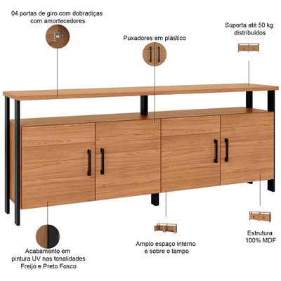 Aparador Buffet Para Sala de Jantar 4 Portas Industrial Suria D03 Freijó Preto Fosco - Lyam Decor