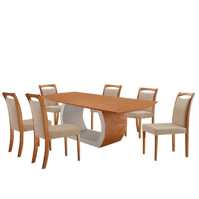 Mesa Zeus 180cm Tampo Laminado Canto Barril Com 6 Cadeiras Linho Premium Imbuia Natural
