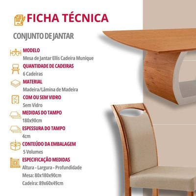 Mesa Zeus 180cm Tampo Laminado Canto Barril Com 6 Cadeiras Linho Premium Imbuia Natural