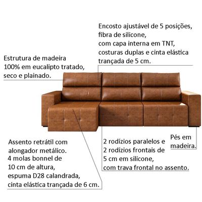 Sofá Retrátil Reclinável 5 Lugares Sala de Estar 344cm Russo Couro Caramelo - Gran Belo