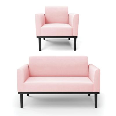 Conjunto Poltrona e Namoradeira Decorativa Isabella Pés Fixo em Madeira Preto Suede Rosa Bebê G19 - Gran Belo