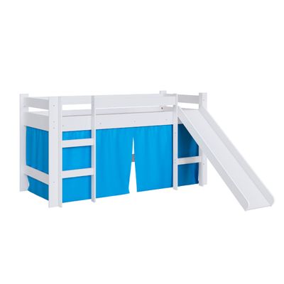Cama Infantil Elevada com Escorregador Branco e Cortina Azul Completa Móveis