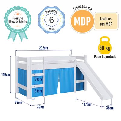 Cama Infantil Elevada com Escorregador Branco e Cortina Azul Completa Móveis