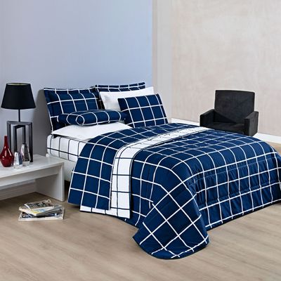 Kit Cobre Leito Brooklyn Casal Quadriculado Micropercal 200 Fios 3 Peças - Azul Marinho