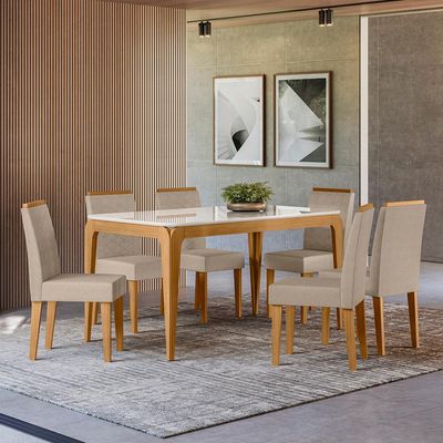 Mesa de Jantar Retangular com Tampo de Vidro Aurea Off White e Ypê 160 cm