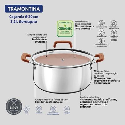 Caçarola Tramontina Romagna Aço Inox E Alumínio 20cm Com Revestimento Cerâmico Marfim