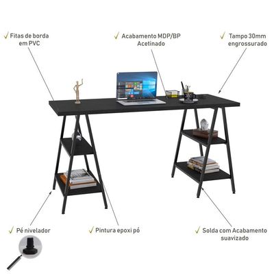 Mesa Para Escritório Estilo Industrial Cavalete Form C01 150cm Preto Onix - Lyam Decor