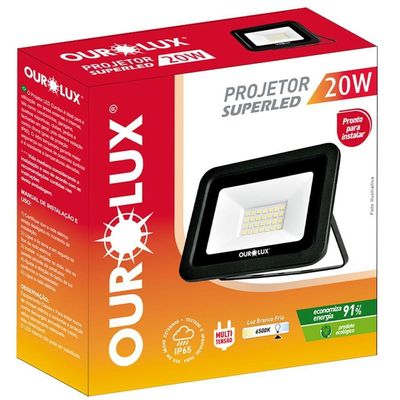 Projetor Superled Slim Preto Bivolt De 20 Watts E 6500k - 03261b - Ourolux