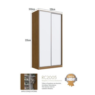 Guarda Roupa 2 Portas de Correr Freijó Natural Branco 120x59,8x235cm Emovell