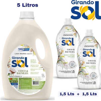 Kit com 1 Lava Roupas 5L + 2 Amaciante Líquido 1,5L  Roupas Delicadas Girando Sol Coco e Baunilha