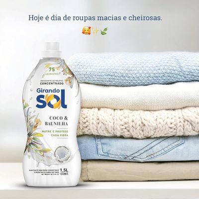 Kit com 1 Lava Roupas 5L + 2 Amaciante Líquido 1,5L  Roupas Delicadas Girando Sol Coco e Baunilha