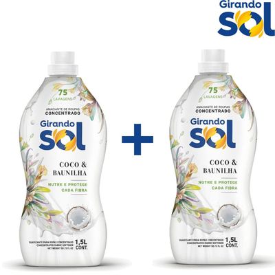 Kit com 1 Lava Roupas 5L + 2 Amaciante Líquido 1,5L  Roupas Delicadas Girando Sol Coco e Baunilha
