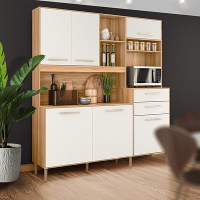 Armário Cozinha Compacta Completa 5 Portas 3 Gavetas Cristal Freijo-off White