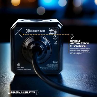 Carregador Adaptador Bivolt Energy Cube - Preto - Entrada USB-A + Tipo C + 4 Tomadas com Cabo 1,5M