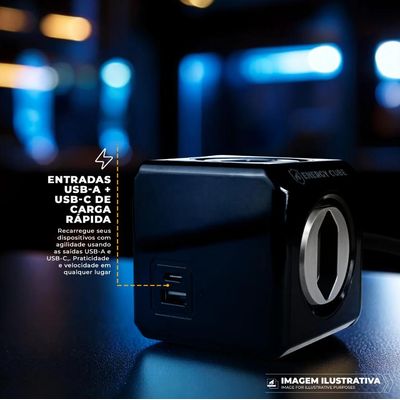 Carregador Adaptador Bivolt Energy Cube - Preto - Entrada USB-A + Tipo C + 4 Tomadas com Cabo 1,5M