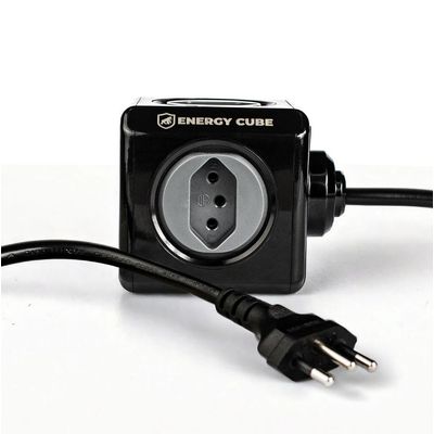 Carregador Adaptador Bivolt Energy Cube - Preto - Entrada USB-A + Tipo C + 4 Tomadas com Cabo 1,5M