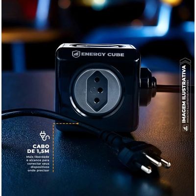 Carregador Adaptador Bivolt Energy Cube - Preto - Entrada USB-A + Tipo C + 4 Tomadas com Cabo 1,5M