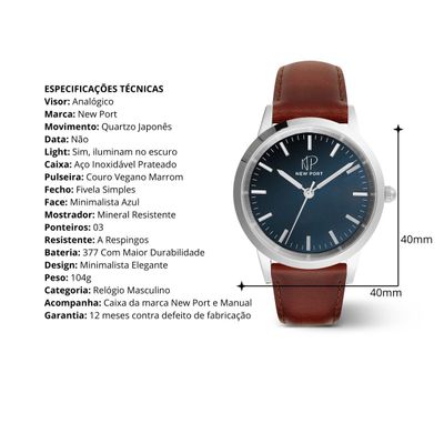Relógio Masculino Elegante Prata Casual Analógico New Port