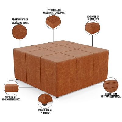 Puff Decorativo Para Sala de Estar Quadrado Milano 90x90cm W01 Couríssimo Camel - Lyam Decor