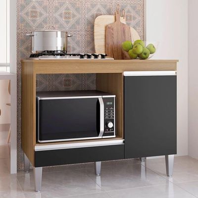Balcão Cooktop Mdp 100cm Carla 1 Porta Ajl Móveis Amêndoa Preto