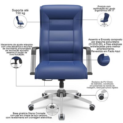 Cadeira De Escritório Giratória Presidente Base Cromada Kirk P03 Vinil Azul - Lyam Decor