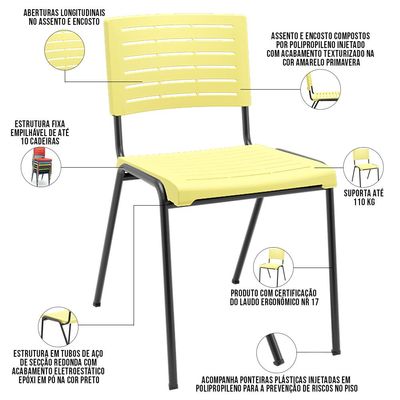 Kit 04 Cadeiras Empilhável Fixa Escritório Multiuso Base Preta Kimi P03 Amarelo - Lyam Decor