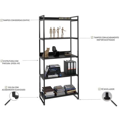 Estante Multiuso 5 Prateleiras Escritório Estilo Industrial Form C01 187x80 cm Preto Onix - Lyam Decor