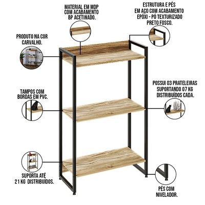 Estante Multiuso Para Escritório Industrial 03 Prateleiras Areta 104x60cm C01 Carvalho - Lyam Decor