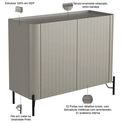 Aparador Buffet Sala de Jantar 2 Portas Brise Pés Industrial Preto Naim I03 Grigio - Lyam Decor