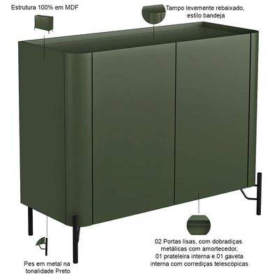 Buffet Para Sala de Jantar 2 Portas 1 Gaveta Pés Industrial Preto Naim I03 Musgo - Lyam