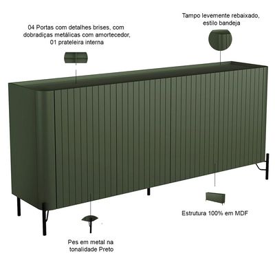 Aparador Buffet Sala de Jantar 4 Portas Brise Pés Industrial Preto Naim I03 Musgo - Lyam Decor