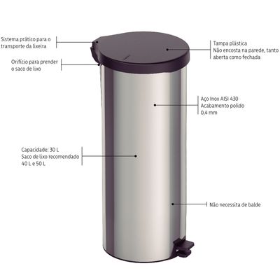 Lixeira com Pedal New Aço Inox Polido 30 Litros - Tramontina 94538/730