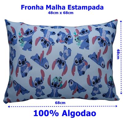 Fronha Portallar Malha Disney Estampada Stitch e Xepa 48cm x 68cm Azul