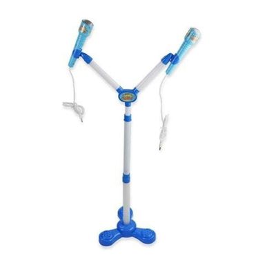 Kit Microfone Duplo Pedestal Infantil Conecta No Celular Som E Luz Led Karaoke Rock Hero Squad