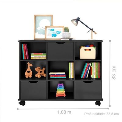 Conjunto Nicho Organizador Kenya 9 Espaços Com Rodízios Preto + Kit 3 Gavetas Pretas