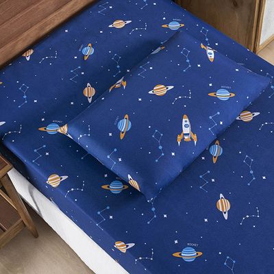 Jogo Cama Lençol Fantasy Solteiro Cama Quarto Infantil Microfibra 2 Peças Galáxia Espaço Azul
