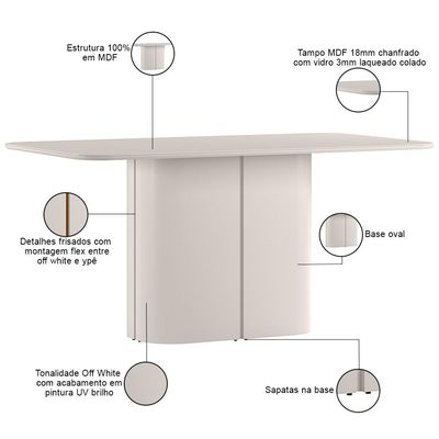 Mesa de Jantar 6 Lugares Retangular Tampo Vidro Verbena N01 Off White - Lyam Decor
