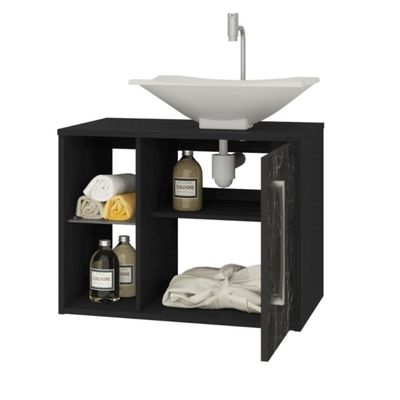 Conjunto Gabinete E Espelheira Bremen Para Banheiro Preto Fosco-nero