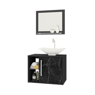 Conjunto Gabinete E Espelheira Bremen Para Banheiro Preto Fosco-nero