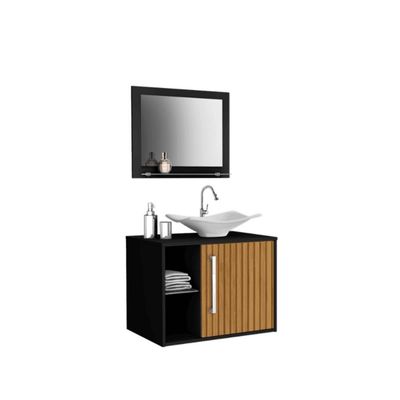 Conjunto Gabinete E Espelheira Bremen Para Banheiro Preto-ripado