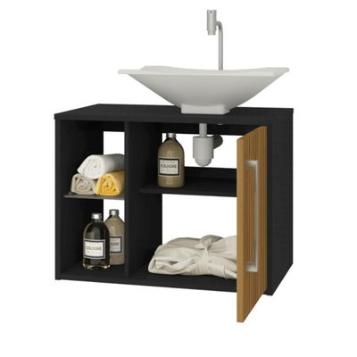 Conjunto Gabinete E Espelheira Bremen Para Banheiro Preto-ripado