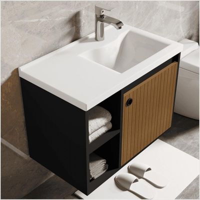 Conjunto Gabinete Com Espelheira E Cuba Para Banheiro Éden Preto Ripado