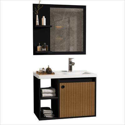 Conjunto Gabinete Com Espelheira E Cuba Para Banheiro Éden Preto Ripado