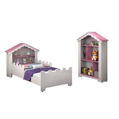 Conjunto De Quarto Princesa Com Cama, Estante E Colchão Branco-rosa - Vitamov