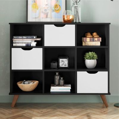 Conjunto Nicho Organizador Kenya 9 Espaços Retrô Preto + Kit 3 Gavetas Brancas